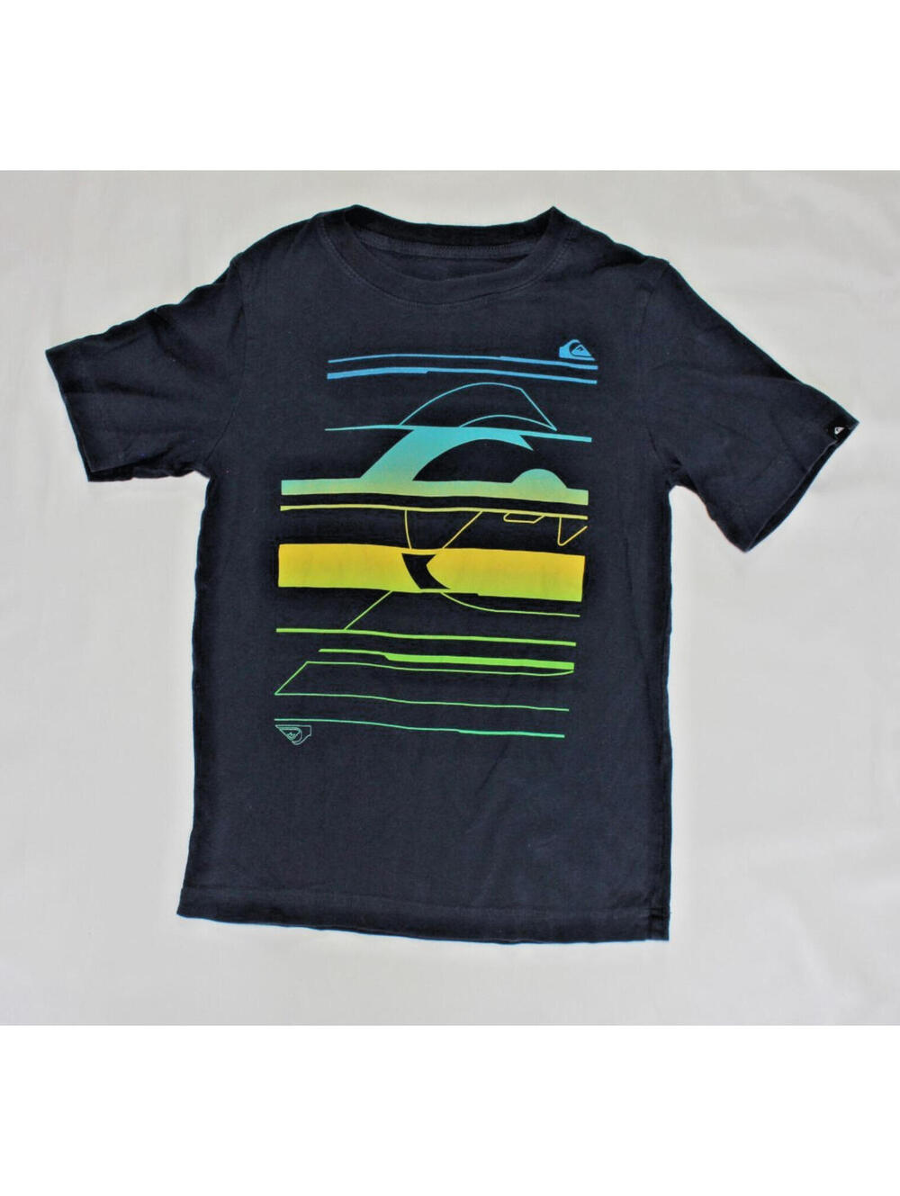 Quicksilver Boys Tee T Shirt Size S/P/CH  Blue Green Yellow Logo Surf Skate